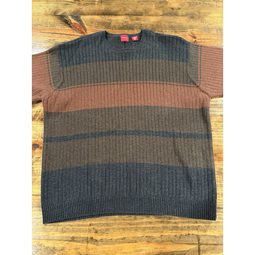 Arrow USA Knit Striped Sweater 100% Cotton Crew Neck Size XL Orange Grey